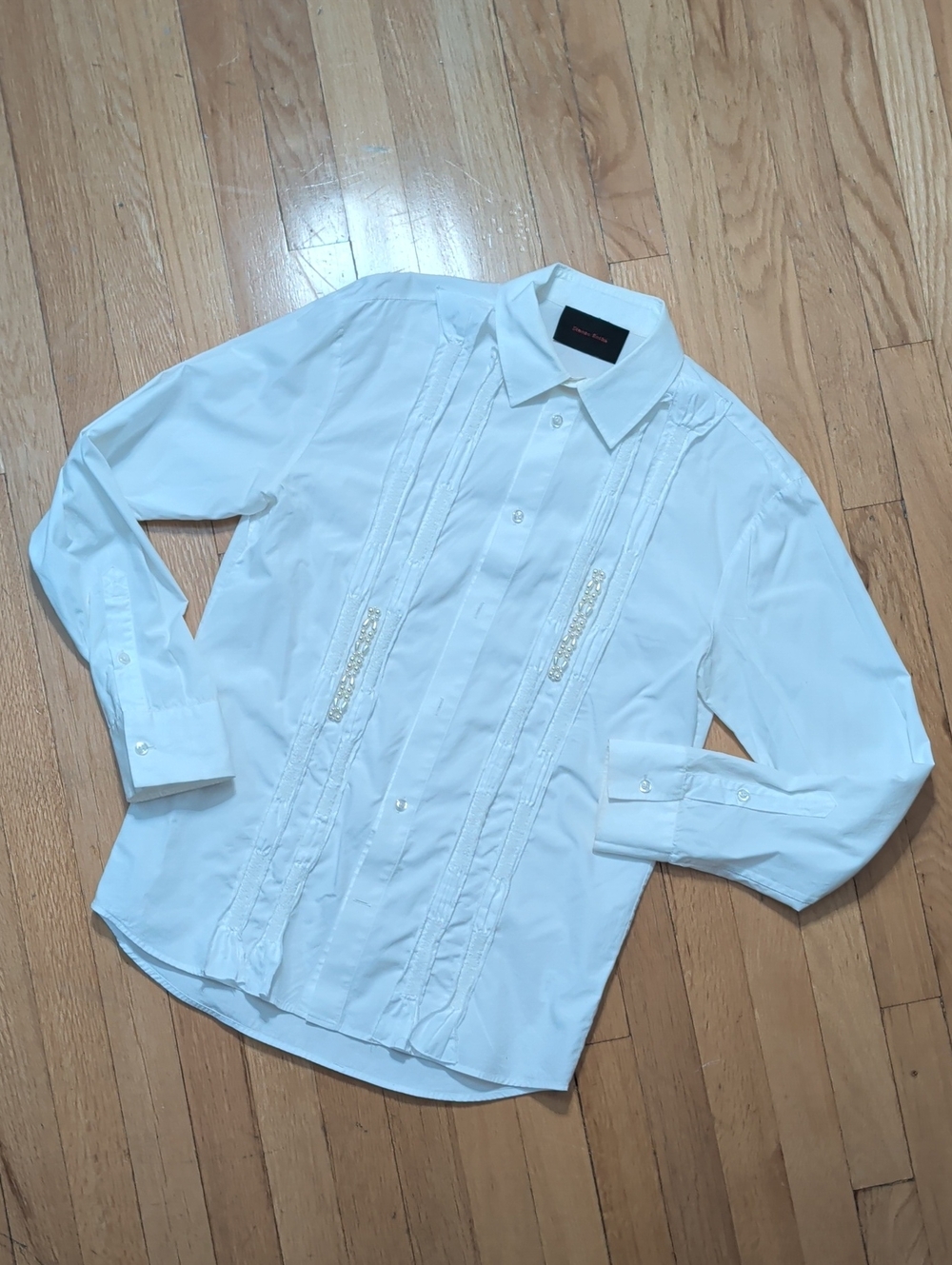 Simone Rocha White Long-Sleeve Embellished Pleat Dress Shirt